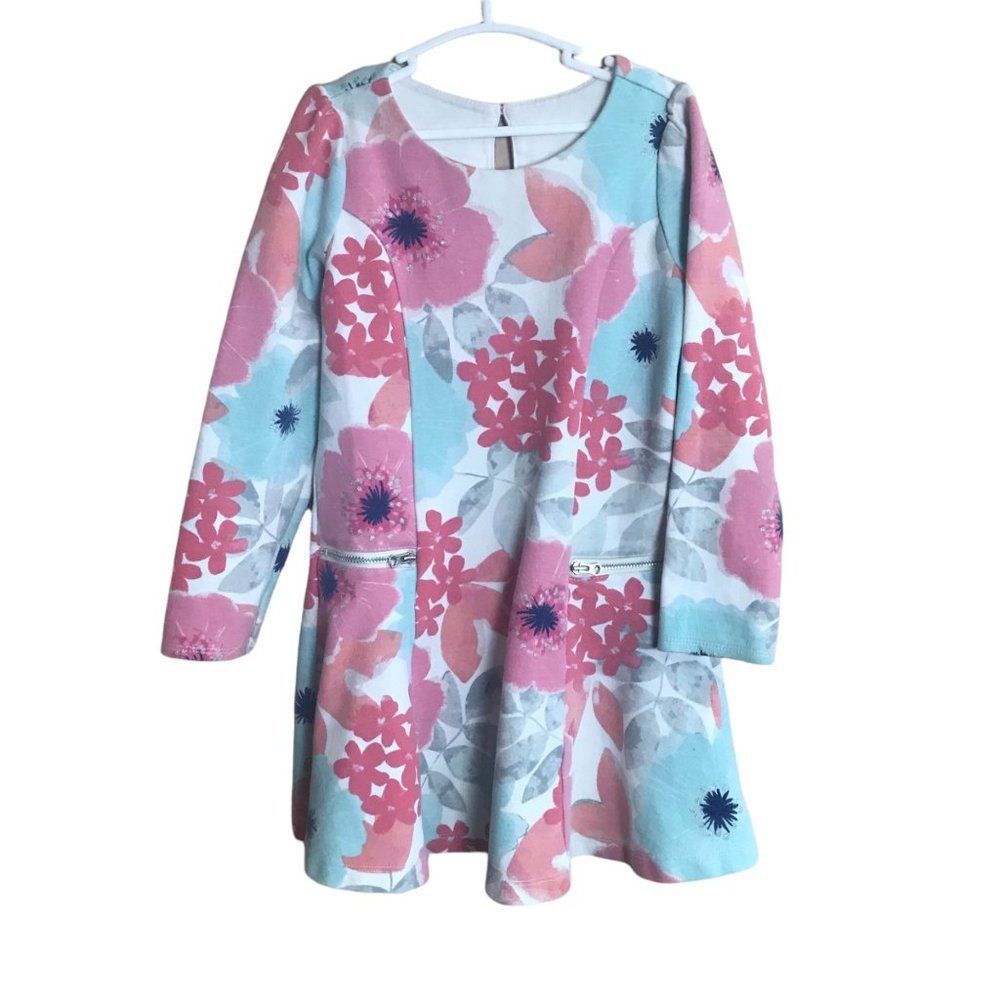 Gymboree Girls Skater Dress Size 5 Floral Zip‎ Pockets Keyhole Button Back Neck